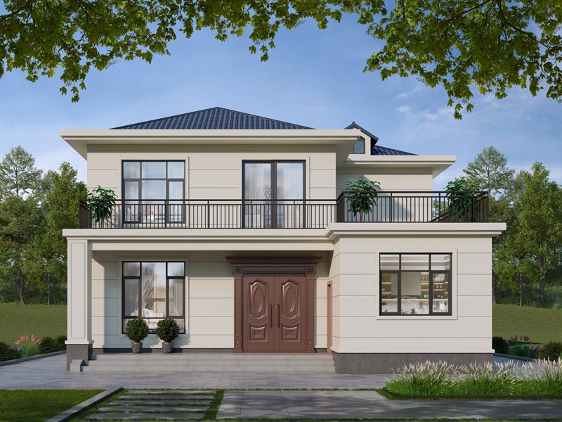 开间12米，进深13米，农村自建二层现代风格住宅别墅设计，外观布局大气，带二层露台设计！