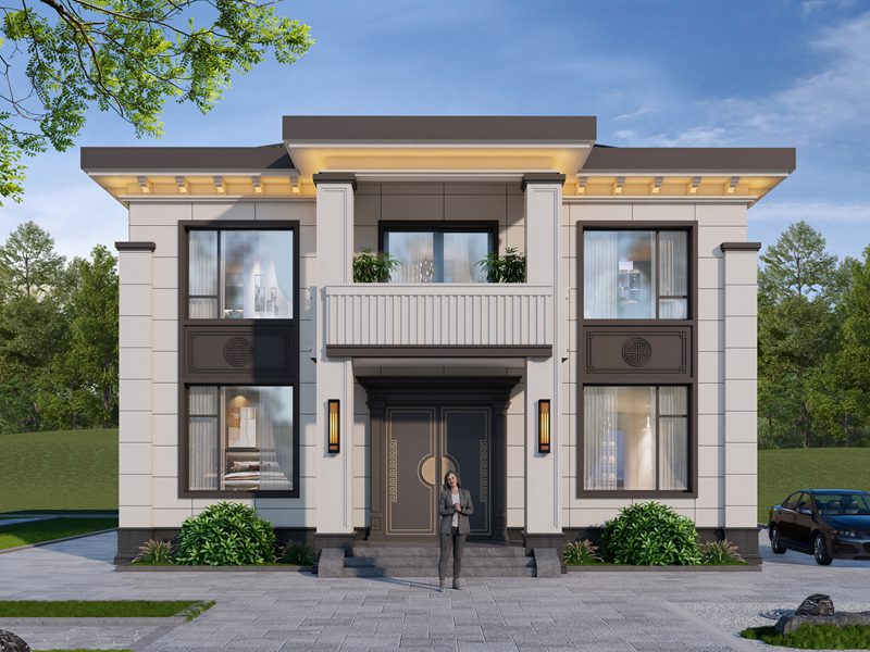 开间12米，进深11米，农村自建二层新中式风格住宅别墅设计，外观轻奢大气！