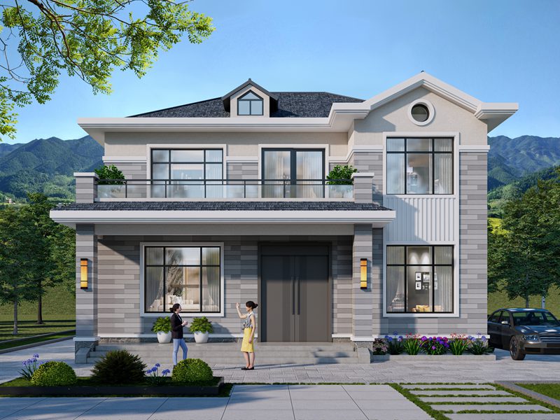 开间12米，进深11米，农村自建二层欧式风格住宅别墅设计，带二层大露台设计！