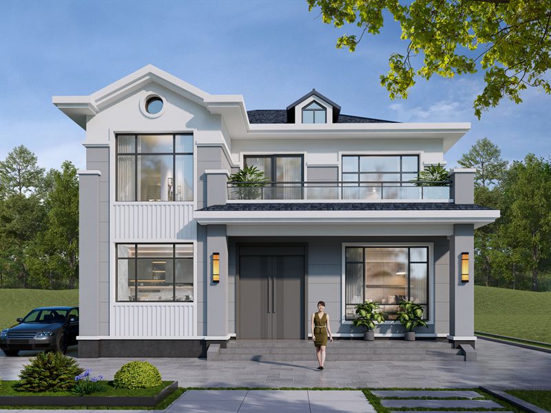 开间11米，进深12米，农村自建二层欧式风格住宅别墅设计，带二楼大露台设计！