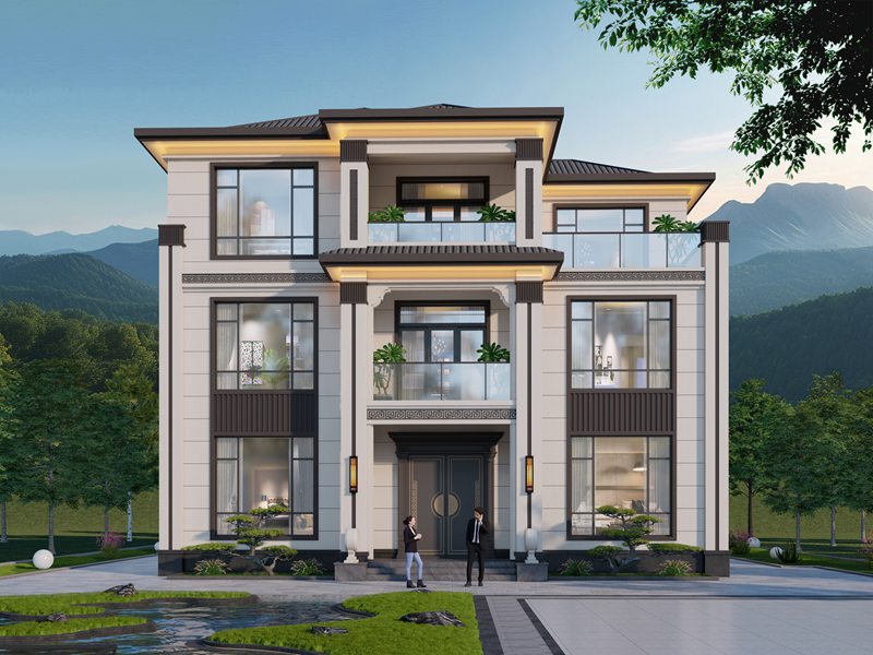 开间15米，进深19米，农村自建三层新中式风格住宅别墅设计，带车库休闲娱乐区及三楼大露台设计！