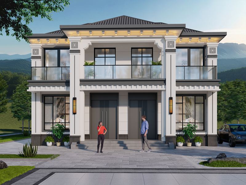 开间12米，进深17米，农村自建二层新中式风格住宅别墅设计，两户双拼设计，外观沉稳大气！