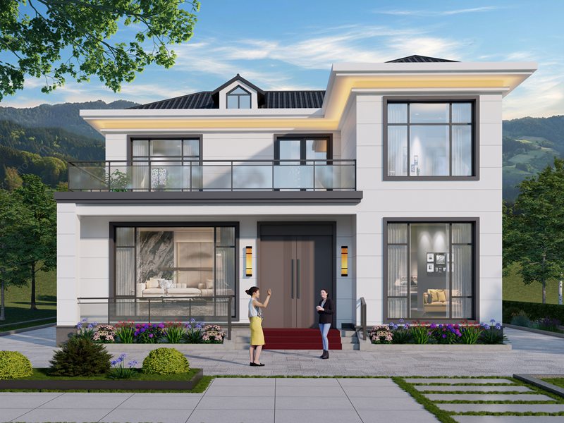 开间12米，进深11米，农村自建二层现代风格别墅设计，带二楼大露台设计！