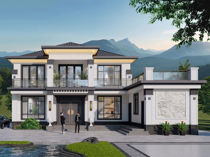 开间16米，进深18米，农村自建二层新中式风格住宅别墅设计，挑空客厅设计带二层大露台设计！