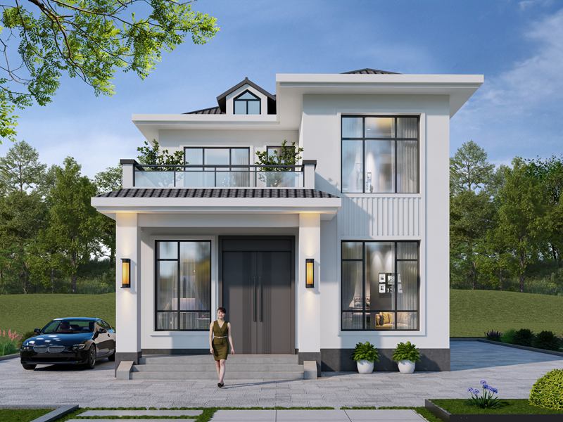 开间8米，进深11米，农村自建二层新中式风格住宅别墅设计，外观简约大气，带二楼大露台设计！