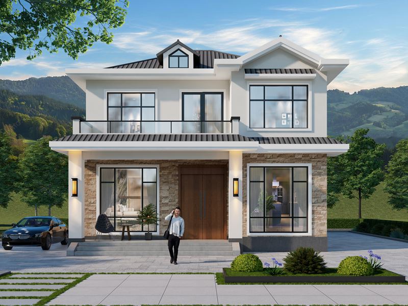 开间10米，进深10.5米，农村自建二层欧式风格住宅别墅设计，外观时尚大气！