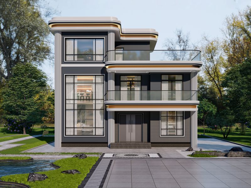 开间13米、进深10米，农村自建三层现代风格住宅别墅设计，带挑空客厅，三楼露台设计！