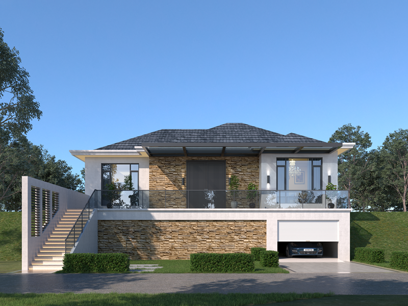 开间15米，进深13米，农村自建一层现代山地别墅风格设计，带车库设计！