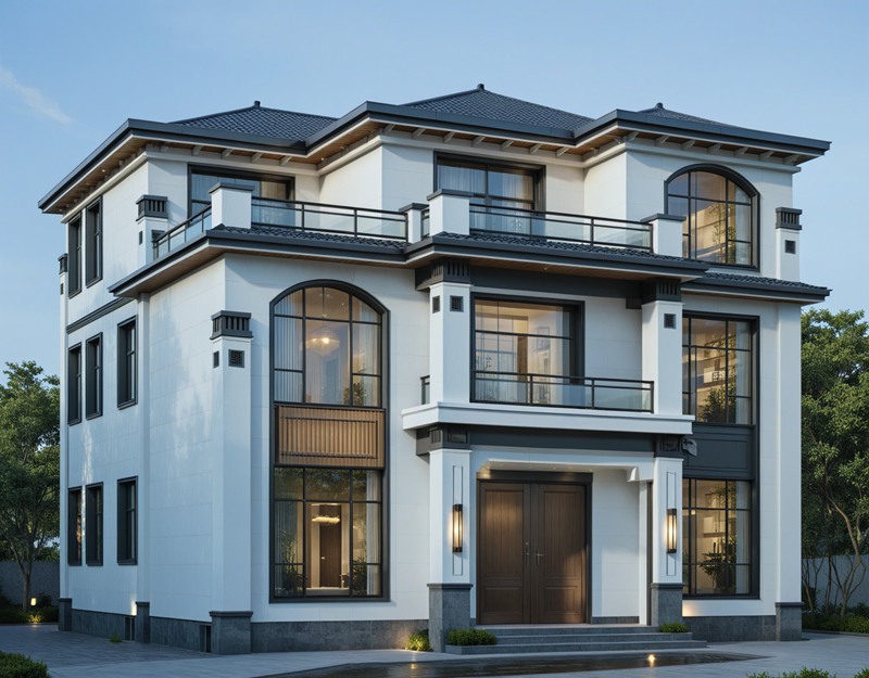 开间13.5米、进深14.35米，农村自建三层新中式风格别墅设计，带三楼露台设计！